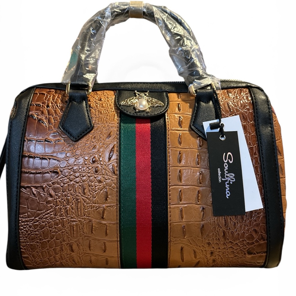 Croc-Embossed Brown Duffel with Green-Red Center Stripe alligator design